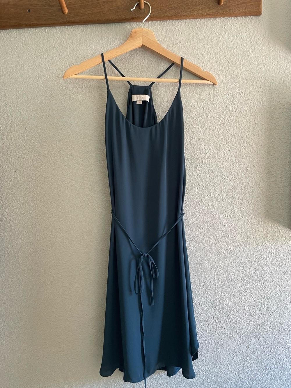 LOFT Dark Teal Midi Slip Dress with Tie Waist